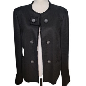 Lafayette 148 New York Women's Black Linen Fringe Blazer Jacket Size 12